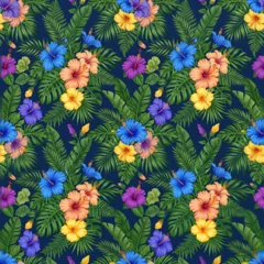 Tropical seamless pattern with colorful hibiscus flowers and palm leaves on dark blue background © Sonaton Chandra