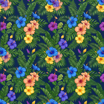 Tropical seamless pattern with colorful hibiscus flowers and palm leaves on dark blue background