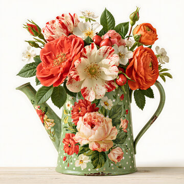 Vintage Floral Watering Can Filled with Colorful Spring Flowers on Wooden Surface, Decorative Gardening Illustration
