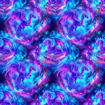 Magical cosmic dragon seamless pattern with books in a fantasy galaxy nebula background