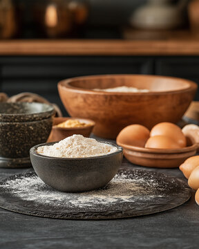 Baking Essentials: A collection of ingredients for baking, including flour in a bowl, eggs, and a mortar and pestle, set against a rustic kitchen backdrop.