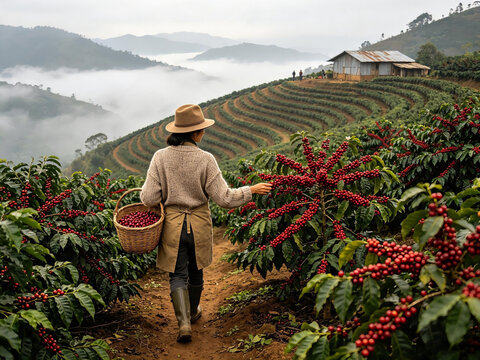 Female farmer with a basket harvesting ripe red coffee cherries on a scenic mountain coffee plantation with misty terraced hills background.