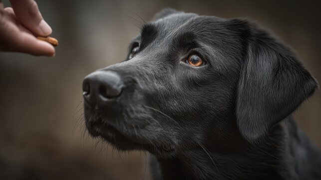 A black dog looks up eagerly at a human hand offering a small snack. This photo conveys loyalty, training, and the strong bond between pet and owner.