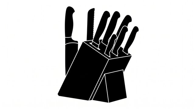 Black silhouette of a knife block with various kitchen knives on a white background