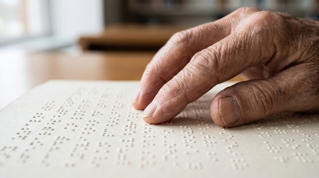 Hand of senior man reading braille book. Blind person touching raised dots with fingers. Visual impairment and accessibility concept for people with vision disability