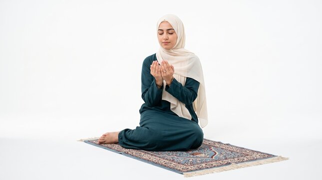 Devout Muslim woman in hijab praying with hands raised in supplication on a traditional prayer rug against a white background