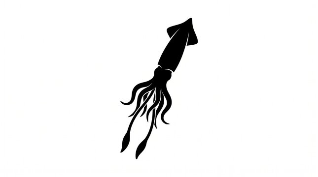 Black silhouette of a squid with tentacles spread out on a white background