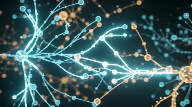 Cinematic slow pan through glowing data network nodes