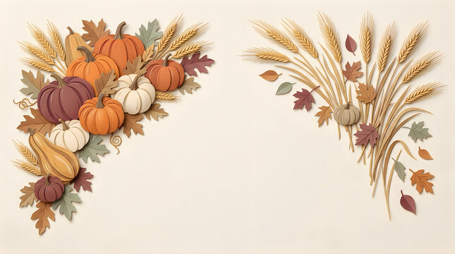 Set of two decorative autumn corner borders featuring pumpkins wheat stalks and colorful fall foliage on beige background