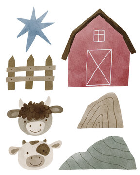 Cute Baby Cowboy accessories set. Western, American country fashion fo little kids. Watercolor illustrations for Baby Shower Cowboy decor
