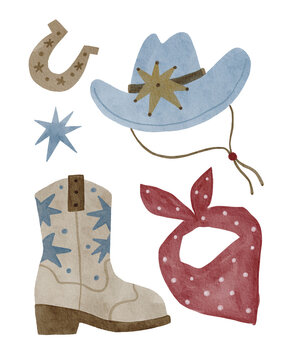 Cute Baby Cowboy accessories set. Western, American country fashion fo little kids. Watercolor illustrations for Baby Shower Cowboy decor