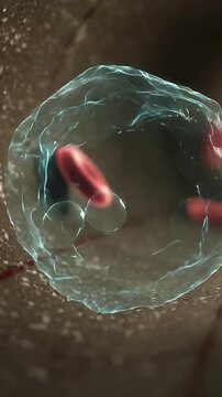 Vertical video: Passing red blood cell nudging clear cell rotating near vessel wall