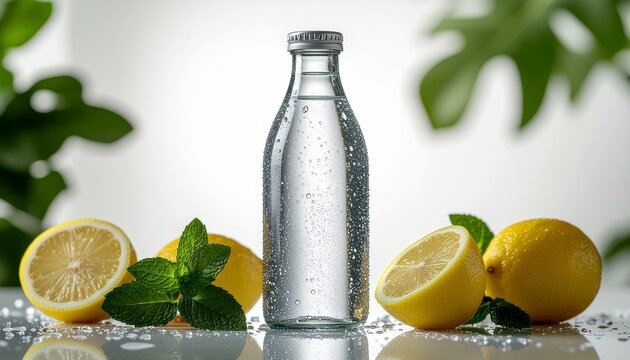 Botella de vidrio con agua pura sobre una superficie limpia, gotas de condensaci&oacute;n, rodajas de lim&oacute;n y hojas de menta alrededor