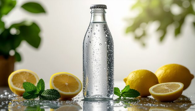 Botella de vidrio con agua pura sobre una superficie limpia, gotas de condensaci&oacute;n, rodajas de lim&oacute;n y hojas de menta alrededor