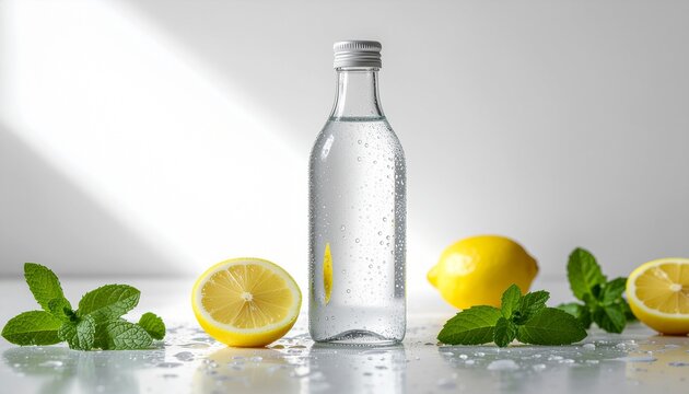Botella de vidrio con agua pura sobre una superficie limpia, gotas de condensaci&oacute;n, rodajas de lim&oacute;n y hojas de menta alrededor