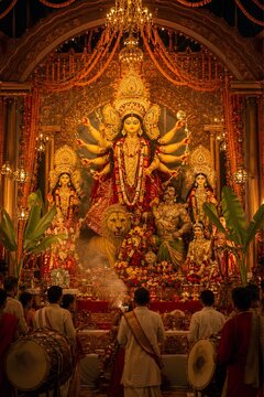 Devotees offering prayers to Maa Durga in a temple - ai generative