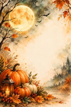 Watercolor Halloween background scenery with pumpkins and leaves - ai generative