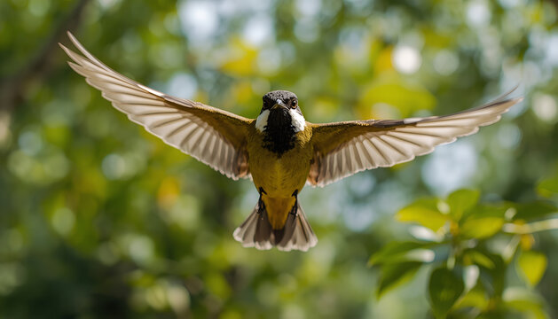 Himalayan bulbul bird flying in a green forest