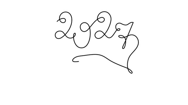 2027 and hand one line art animation, hand drawn continuous contour motion. Holiday concept year of the goat, festive New year handwriting text, minimalist design 4k self-drawing video