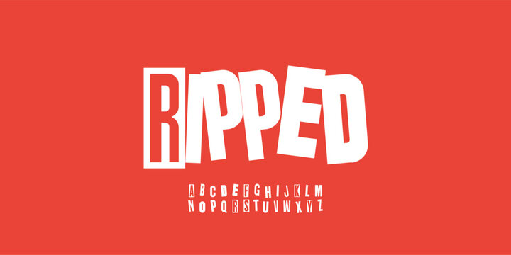Ripped newspaper alphabet, paper cutout letters. Newsprint cut font for captivating magazine logos, eye-catching headlines, and expressive typographic designs. Vector typeset