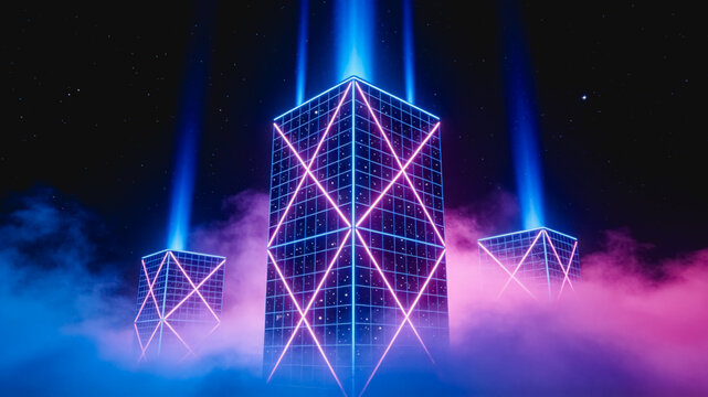 Futuristic Neon Skyscrapers with Blue Light Beams at Night