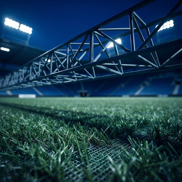 Close Up of Green Artificial Turf Field Under Metal Truss at Floodlit Stadium