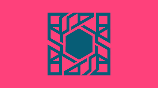 Blue geometric hexagonal pattern on vibrant pink background.
