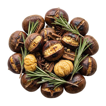 Warm roasted chestnuts in natural shells with rosemary and winter spices, rustic Christmas snack food design for seasonal marketing on transparent background