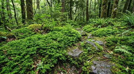 Fototapeta premium A lush green forest floor with moss, ferns, and rocks, with a mix of green and brown tones.