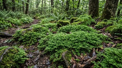 Fototapeta premium A lush, green forest floor with moss and ferns, a path leading through the undergrowth, and a tree trunk in the background.