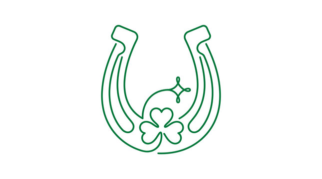 Green horseshoe with four leaf clover line art icon.