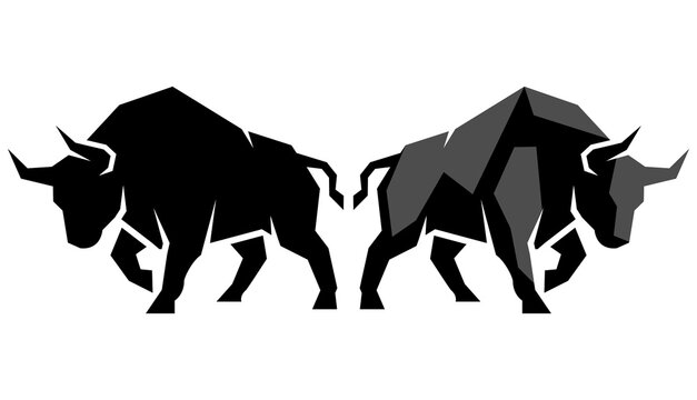 Mirrored symmetrical composition of two charging bulls in aggressive low-poly geometric faceted art style, facing outward.