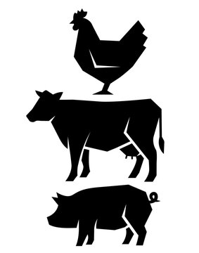 Minimalist geometric silhouettes of a standing rooster, a cow with an udder, and a walking pig in profile.