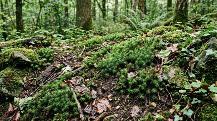 Fototapeta premium A forest floor with moss and ferns, with a mix of green and brown colors, and a variety of textures and patterns.