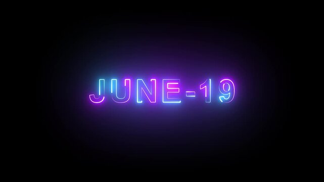 June 19 neon text animation with glowing purple and blue light effects on black background.