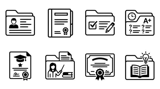 A collection of eight black and white line art education icons representing academic records certificates student profiles exams graduation diplomas and teaching materials for