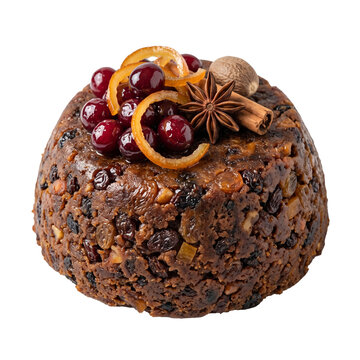 Classic Christmas pudding dessert with cranberry, orange peel, cinnamon and spiced fruit, rich seasonal food styling on transparent background