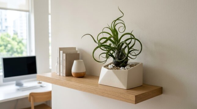 A minimalist workspace with a wooden floating shelf holding a potted plant and a few books.