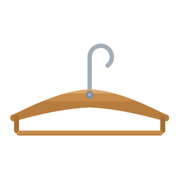 Wooden clothes hanger flat icon with chrome hook on transparent background