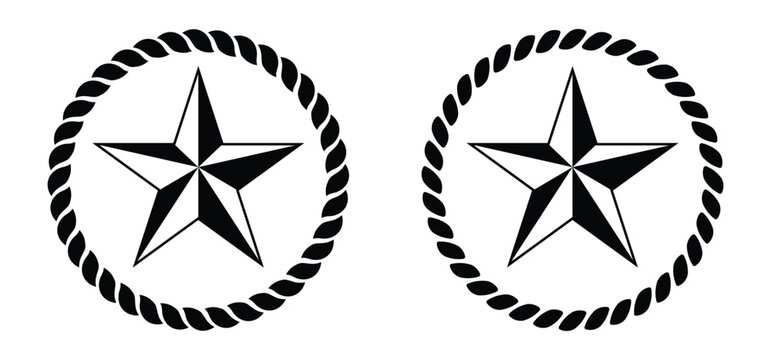 Texas lone star vector set with rope circle border. Nautical star emblem isolated on transparent background. Western cowboy badge, military insignia, and marine maritime sign design elements. 