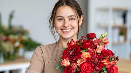 Fototapeta premium Smiling young woman holding a vibrant bouquet of red and orange flowers in a bright indoor setting.