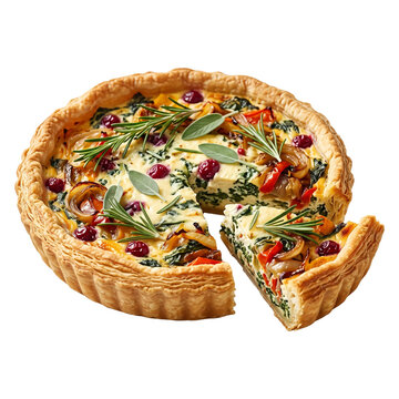 Savory Christmas tart with flaky pastry, spinach, cheese, cranberries and fresh herbs, elegant holiday food design for festive menus on transparent background