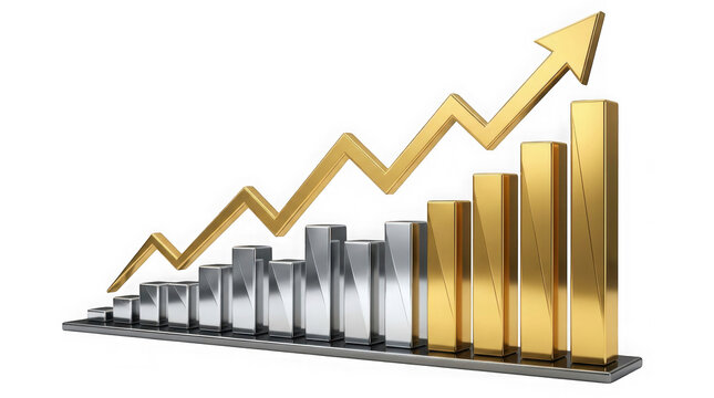 Rising golden arrow graph overlaid on silver and gold metal columns representing business growth as clean cutout