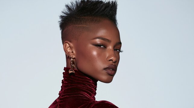 Stunning African American woman with bold mohawk hairstyle and red velvet turtleneck posing against a clean light background
