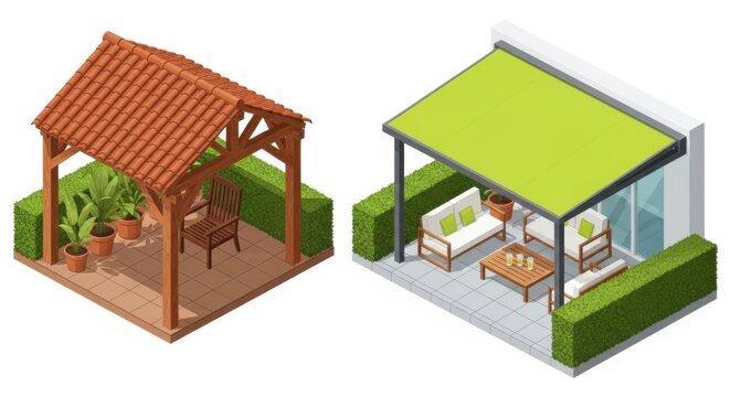 Isometric garden gazebo and patio lounge set