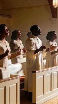 Vertical video: Male singer in robe leading choir for praise at church pews after cue