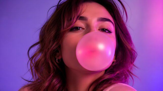 Woman Blowing Pink Bubble Gum Close Up Portrait