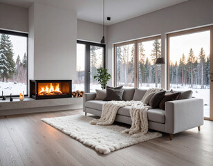 Obraz premium A cozy modern living room with a crackling fireplace and snowy forest views through floortoceiling windows. This tranquil, minimalist space offers comfort, warmth, and luxury. No people used.