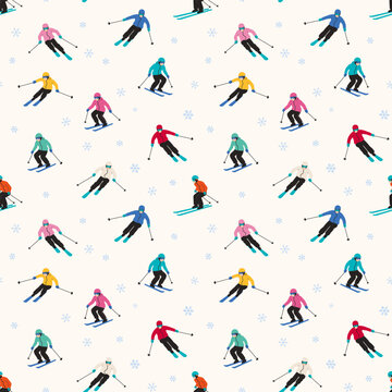 Seamless pattern of skiers in colorful jackets skiing down slope on light beige background. Winter sports activity backdrop ideal for ski resort packaging, sportswear textiles, and decor.