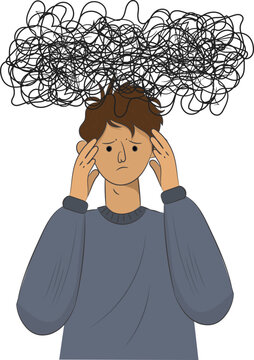 young man with with a tangled cloud of intrusive thoughts